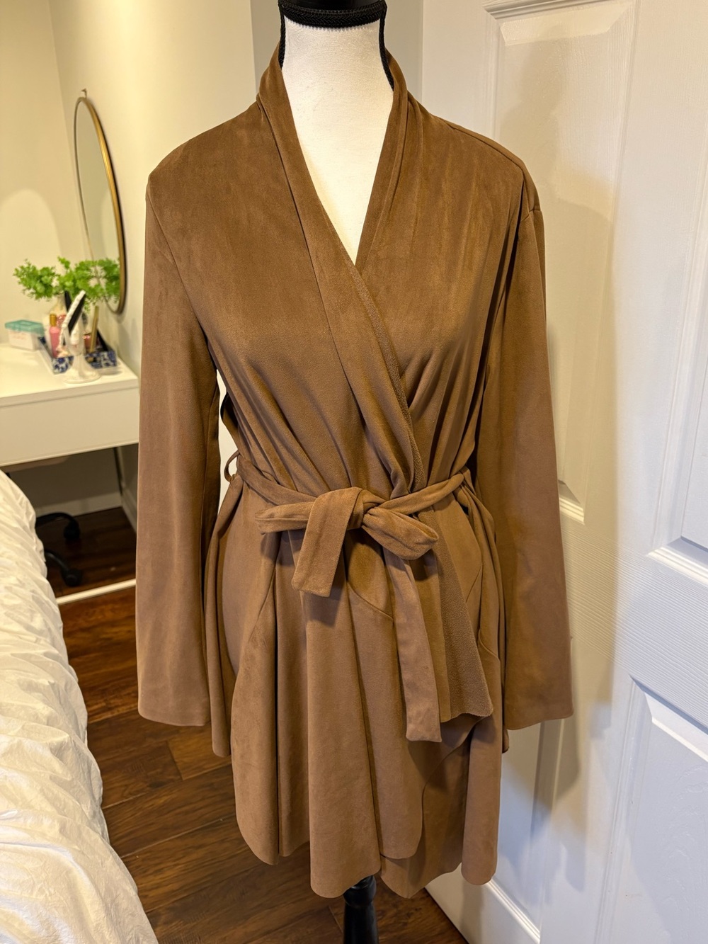 Halston Heritage Faux Suede Waterfall Wrap Jacket Camel Brown Large